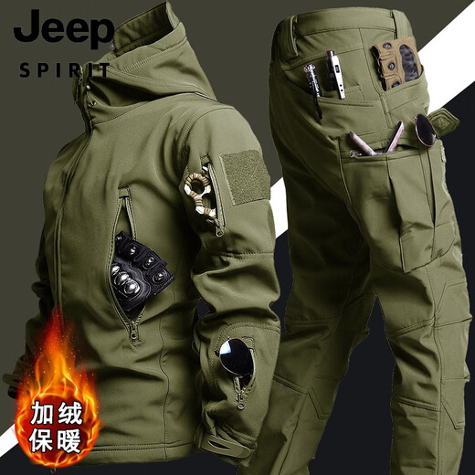 JEEP SPIRIT Russian Camouflage Jacket Plus Velvet Winter Windproof Military Jacket Outdoor Functional Soft Shell Jacket Suit Men's Shark Jacket-Russian Camouflage S (100-120Jin Jin equals 0.5kg)