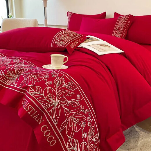 Crystal Home Textiles European Maternal and Infant Long Staple Cotton Four-piece Set Pure Cotton Light Luxury Embroidered Quilt Cover Sheet Sheet Fitted Sheet Full Cotton Upgraded Baby Grade Heavy Embroidery * Starry Blue * Suitable for 1.8m bed Four-piece Set * Quilt Cover 2x2.3m