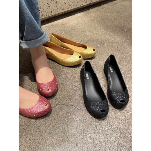 Melissa（梅丽莎）巴西Melissa梅丽莎果冻鞋女夏季一脚蹬平跟鱼嘴内增高单鞋浅口 闪粉鱼嘴单鞋 金色 35.5 标准码35/36