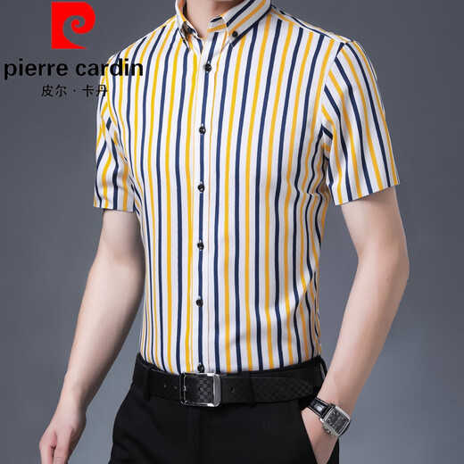 皮尔卡丹（pierre cardin）夏新款短袖弹力条纹衬衫男商务休闲免烫抗皱丝滑修身半袖衬衣衬衫 粉红色 D829短xiu有口袋 XL 40