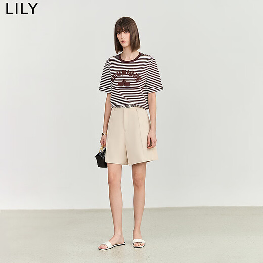LILY夏新款女装复古时尚条纹百搭休闲字母绣花通勤款宽松T恤 701棕色 S