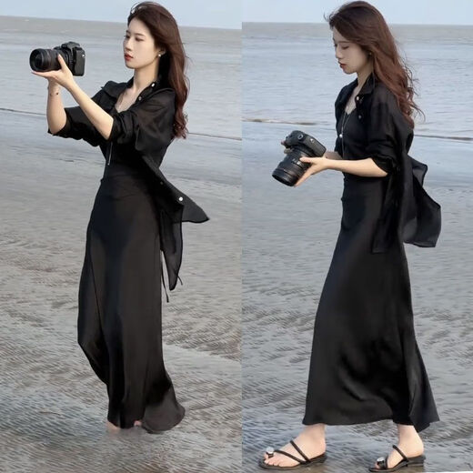 Question floating black suit for women summer fashion two-piece temperament fashionable skirt 2024 summer new temperament sunscreen J683 gray XL [suggested 115130Jin [Jin equals 0.5 kg]]