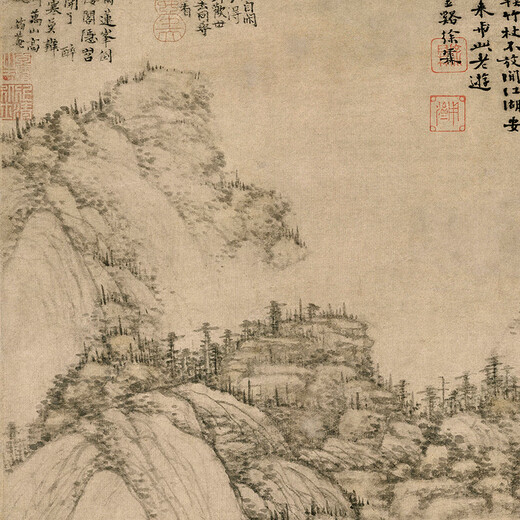 元黄公望丹崖玉树图古代山水画卷轴文人复仿古画挂画 元王蒙层峦耸翠图12176 60X140厘米（喷绘画心尺寸） 宣