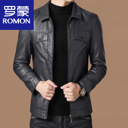 罗蒙（ROMON）中青年皮衣男秋冬新款皮夹克男士加绒休闲翻领夹克外套 咸菜绿 180/XL建议136-156斤