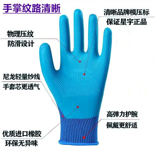 星宇优耐保乳胶物理压纹手套劳保耐磨保防滑 星宇优耐保A688--12副中号 均码