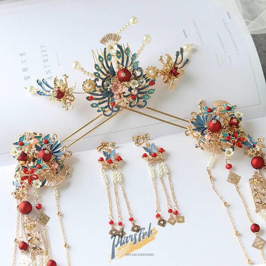 Wanbaozi Hanfu Hair Crown Women's Tassel Step-Shaping Hairpin Hairpin Top Hairpin Ancient Style Ming-made Phoenix Crown Full Set of Ancient Costume Style Headdresses Mi Xianzhong Seven-piece Set