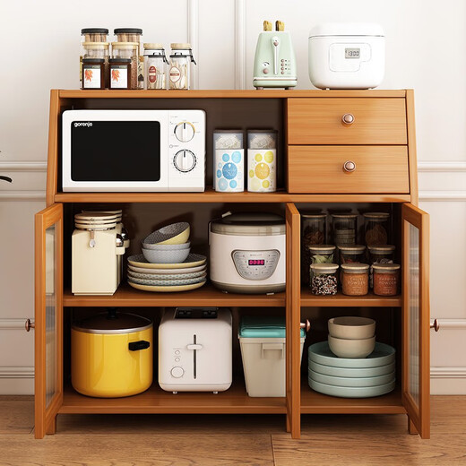 Sizhuge kitchen shelf Nordic sideboard microwave oven household living room cabinet household solid wood multi-function storage cabinet wine cabinet double door model - brown