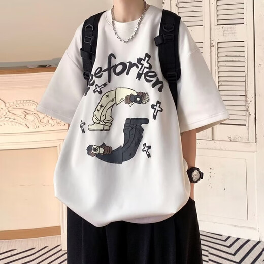 Camiseta de manga corta de Poum para hombres en verano de estilo delgado, camiseta suelta creativa para hombres de moda de moda de moda para hombres LWDL-1047 White XL [sugerido 130-146Jin [Jin equivale a 0.5 kg]]]