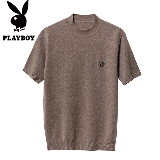 
Playboy (PLAYBOY) 100 cardigan short-sleeved T-shirt round neck spring, autumn and winter men's thin sweater half-sleeved base knit sweater 12121 dark camel wool short-sleeved M 170/110 [Suggested 120-140Jin [Jin equals 0.5 kg]]