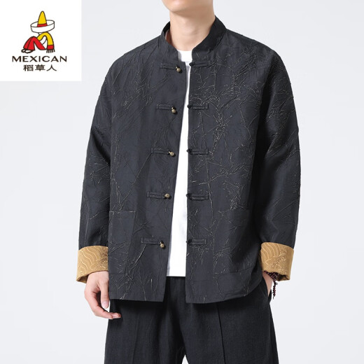 稻草人改良汉服男中国风春秋季提花长袖夹克新中式唐装宽松大码盘扣外套 米白色(夏季短袖衬衫) M 100-120斤