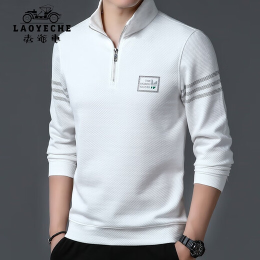 老爷车（LAOYECHE）新款长袖T恤男士秋装上衣拉链半高领立领Polo小衫春秋卫*衣外穿秋 9853白色 M 165