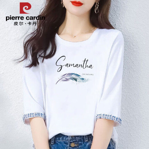 皮尔卡丹2025新款春秋纯棉七分袖t恤女士中袖宽松设计感青春短袖夏季上衣 W6161白色+W6172西柚红 M (建议80-105斤)