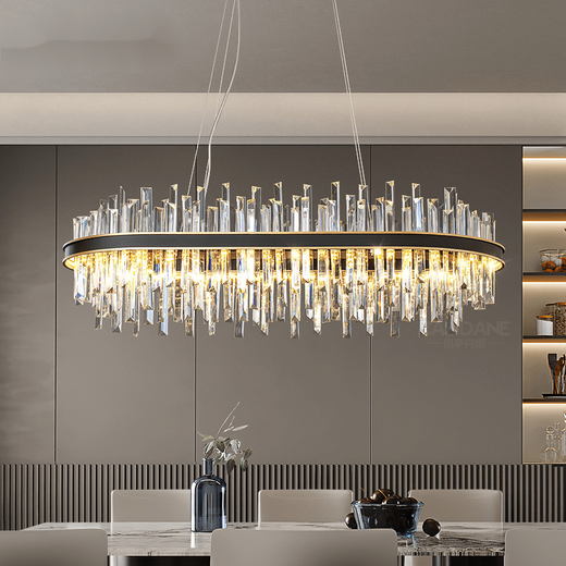 Prism light luxury crystal lamp postmodern atmospheric living room chandelier black iron circle dining room lamp hanging line model 9732-800*370X