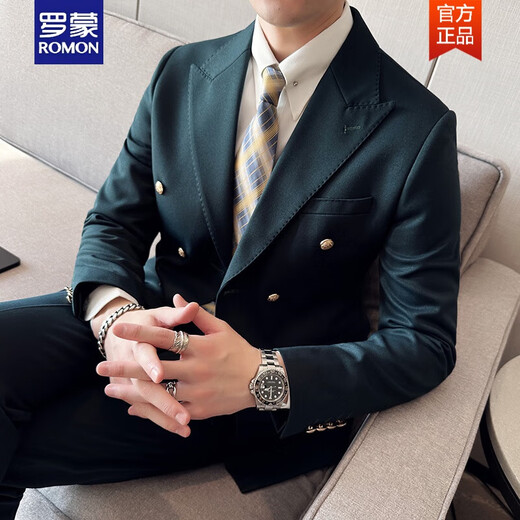 ROMON Blazer British double-breasted business suit men's Korean version slim solid color casual metal buckle suit white suit + trousers + black shirt navy collar M