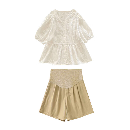Ranqi's maternity suit summer suit new sweet V-neck lantern sleeve doll shirt top wearing casual shorts two-piece set apricot top + khaki belly shorts (suit) L