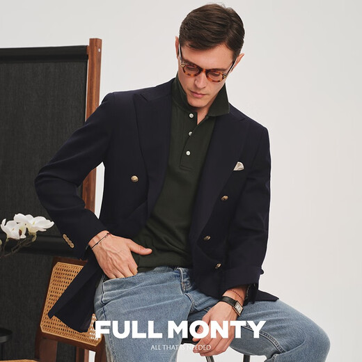 FULL MONTY海军蓝布雷泽休闲西装外套男士纯羊毛西服轻商务单西 双排金扣6691 46