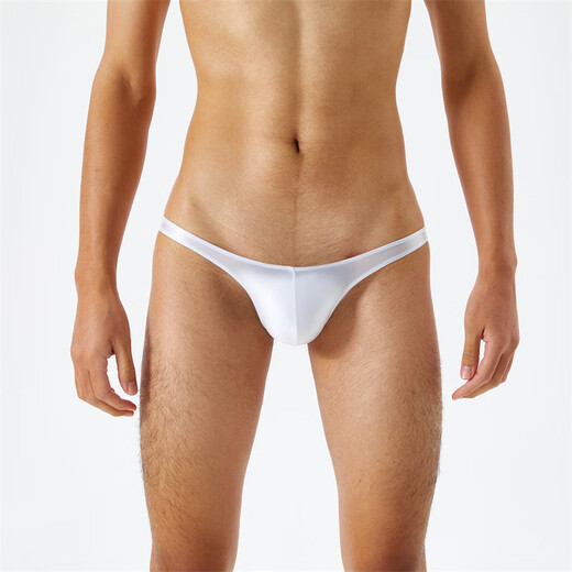 Silky, translucent, oily, silky, super low-waisted men's thong t-pants, sexy and interesting, white M