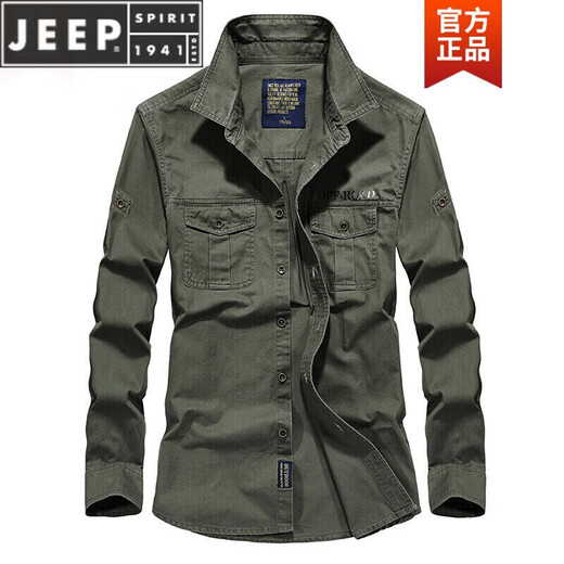 JEEP SPIRIT长袖衬衫男士春秋休闲纯棉大码宽松衬衣青年上衣薄款外套男 加绒军绿色 1389 XL