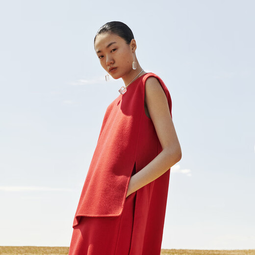 Weniger roter doppelseitiges Tweedkleid für Frauen Herbst- und Winterurlaub zweiteiliger Temperamentpullover Ärmel und langer Rock 2OBG13820 622 Rot XS