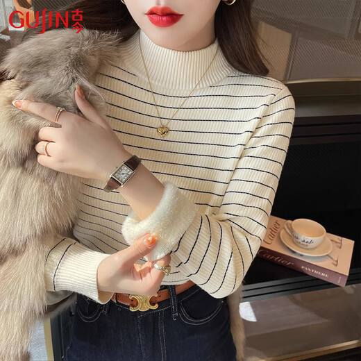 Ancient and modern (GUJIN) striped half turtleneck plus velvet knitted bottoming shirt for women autumn and winter one-piece velvet inner layered thick sweater warm top apricot
