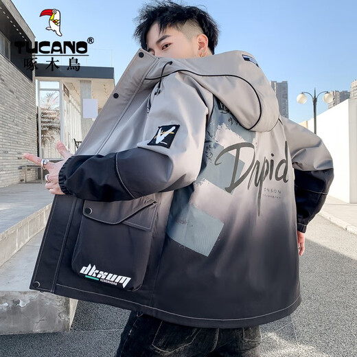 Woodpecker 2022 new Hong Kong style work jacket men's spring and autumn thin ins trendy brand loose casual jacket hooded top 16819 gray 180/2XL