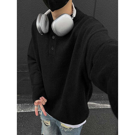 Katuchi American Henry collar sweater men's spring high-end lazy bottoming sweater cleanfit with warm long sleeves light gray L