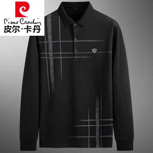 皮尔卡丹加肥加大翻领T恤男长袖秋季中年大码休闲上衣薄款胖子POLO.衫 K11972黑色 XL