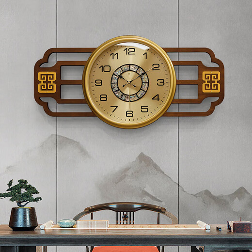 He Jiagong's new Chinese high-end solid wood light luxury wall clock living room fashionable wall hanging mute watch home simple and atmospheric quartz clock horizontal version LT-6197 shell disk horizontal version LT-6197