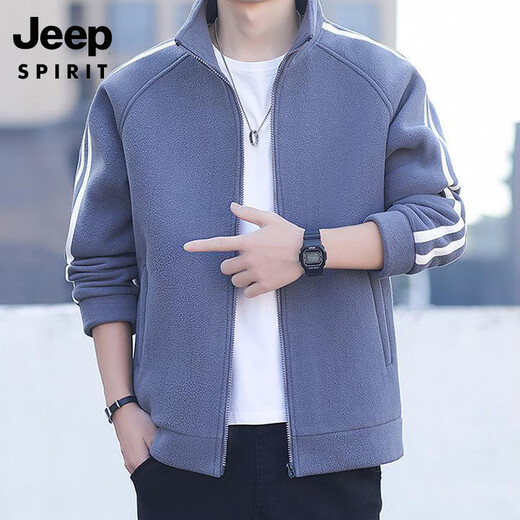 JEEP SPIRIT Jeep Men's Cardigan Sweatshirt Plus Velvet Thickened Striped Stand Collar Polar Fleece Autumn and Winter Jacket Warm Casual Jacket 8868 Military Green Regular Style XL (Recommended 140-160 Jin Jin equals 0.5 kg)