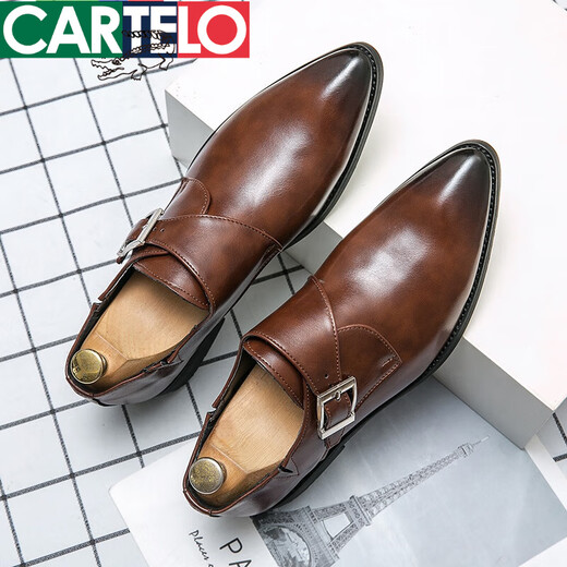 卡帝乐鳄鱼（CARTELO）皮鞋男士夏季搭扣复古商务正装休闲朋克夜发型师新郎结婚鞋男鞋子 -3883黑色 40
