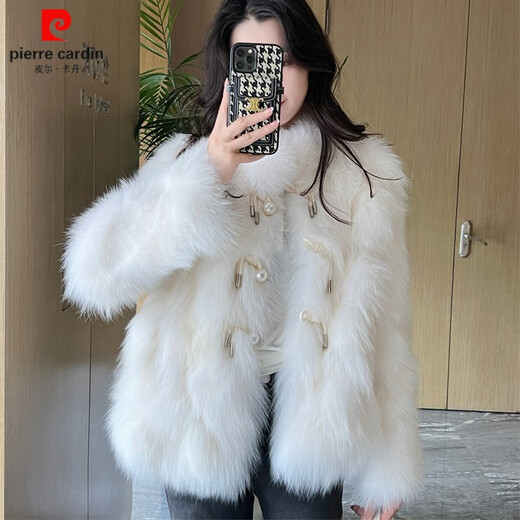 皮尔卡丹皮草外套女2024冬新款气质名媛狐狸毛短款皮毛一体水貂毛绒大衣 奶白色 M