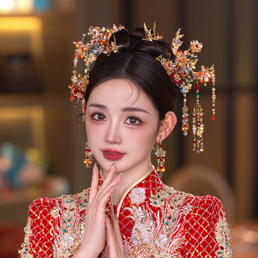 DL 1998 Xiuhe clothing headwear Xiuhe female bride Xiuhe 2025 new new Chinese style bridal autumn and winter horse face red jade 8-piece set + ear clip