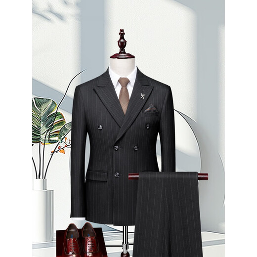 DVHNMK luxury brand men's suit suit men's formal business casual wedding dress double-breasted striped suit dark gray (suit + trousers) ready for delivery M (recommended 95-110 Jin Jin equals 0.5 kg) ready for delivery