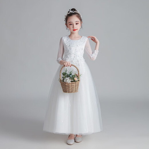 Dev Ake children's dress girl princess skirt high-end long skirt small host piano performance evening dress big boy middle school student CW683 long white 150 (suggested 61-70 Jin [Jin equals 0.5 kg])