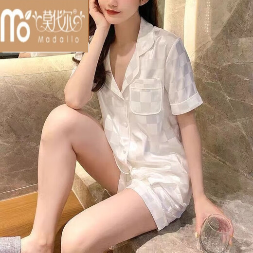 Modal Ice Seide Pyjamas für Frauen im Frühling und Herbst zweiteilig dünne Sommer-Heimkleidung mit 829-weißer Plaid [Langarmhose] M [80-100jin [Jin ist gleich 0,5 kg]]]