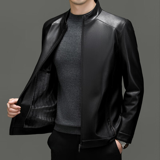 ROMON Haining imitation leather jacket men's winter style young and middle-aged men's leather jacket jacket dad men's velvet stand-up collar motorcycle jacket 2002 black lapel velvet style 175/L recommended 120-140 Jin Jin is equal to 0.5 kg