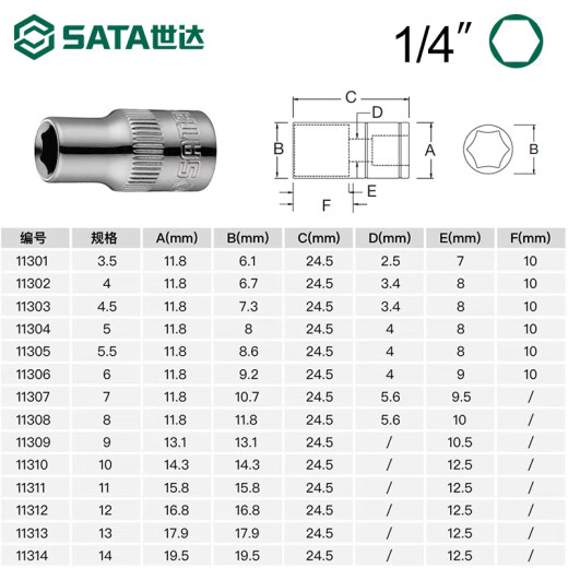 世达小飞套筒6.3mm六角1/4接口5/6/7/8/9/10/11/12/13/14mm套筒头 113 11301/3.5mm