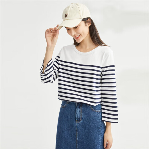 Giordano striped t-sleeve women's knitted cotton contrasting color age-reducing casual fit round neck three-quarter sleeve t-shirt 13323301