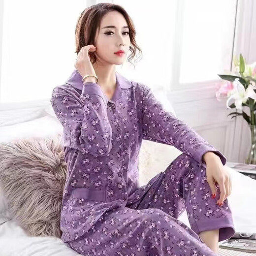 俏丽雅（qiaoliya）睡衣女春秋季纯棉长袖套装中老年妈妈加大薄款可外穿家居 XM841 L 100-120斤
