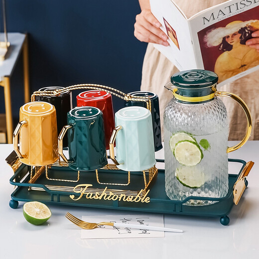 Qipai Nordic light luxury water set for home living room hospitality cup tea set teapot cup kettle cold kettle set high-end ceramic water cup with handle high temperature resistance with tray light luxury water set 9 pieces + 6 spoons 552