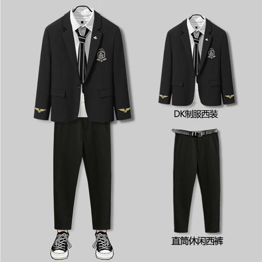 Fanqi Teenager High School -Schüler Kleidanzug 2023 Herbst- und Winterstil Casual Herrenanzug College -Stil JK Jacke [3 Stück] Schwarzer Anzug + weißes Hemd + schwarze Hosen m
