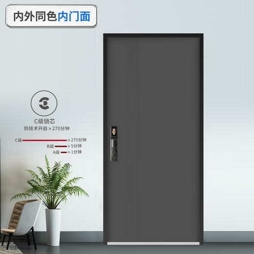挺固加厚甲级防盗门入户门+防撬防爆安全门子母门+防火岩棉填充＋智能锁人脸识别 氟碳灰 2150*1050【单门，开向可选】 机械锁