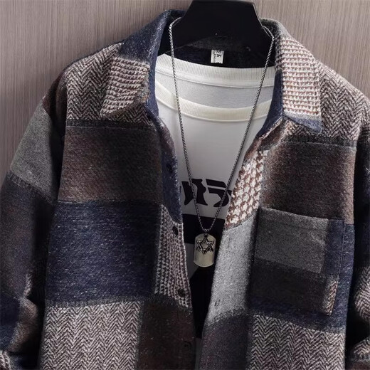 Kuraishi Kazuki trendy brand 2026 autumn and winter lapel woolen jacket men's thickened high-end light luxury casual plaid jacket brown 2XL