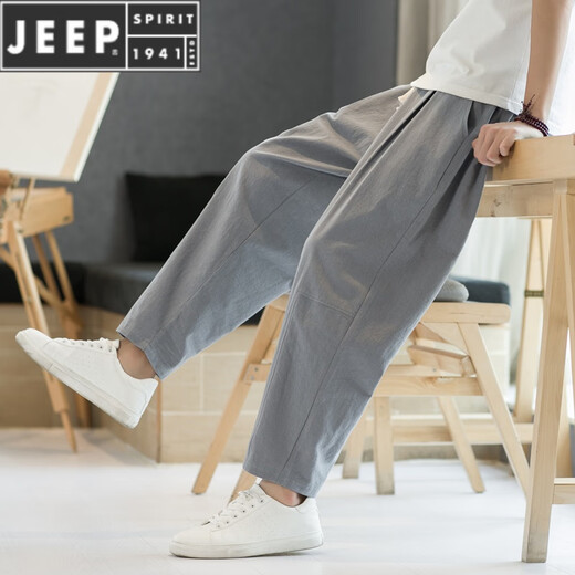 JEEP SPIRIT中国风裤子男夏亚麻休闲长裤复古宽松大码哈伦萝卜裤潮 黑色 3XL