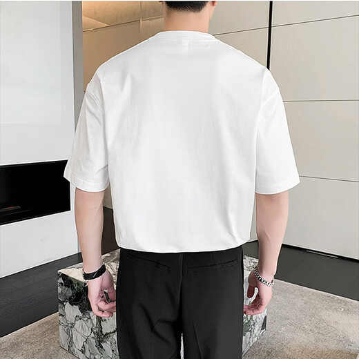 Chukuo heavyweight pure cotton Henley short-sleeved T-shirt men's summer American retro trend ins loose casual Henley collar T-shirt white S (recommended 90Jin Jin equals 0.5kg -110Jin Jin equals 0.5kg)