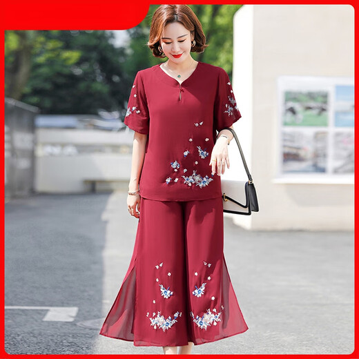 Yu Zhaolins Mutters Sommer-Kurzleideranzug modisches Chiffon-Shirt 2025 Neuer Stil mittlerer und älterer Frauen mit breitem Bein und Rock Zwei-teiliger Set 698 Navy Blue Anzug L empfohlen 90-100 Jin [Jin gleich 0,5 kg]