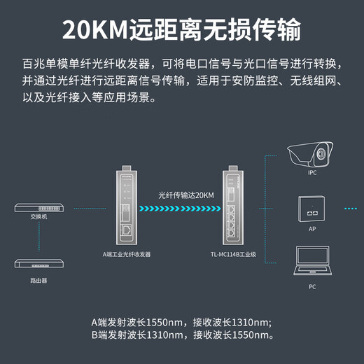Pulian (TP-LINK) Industrial grade single-mode single fiber optical fiber transceiver SC interface photoelectric converter 20 kilometers IP30 protection DIN rail wall mounting TL-MC114B industrial grade 100M 1 optical 4 electrical one price