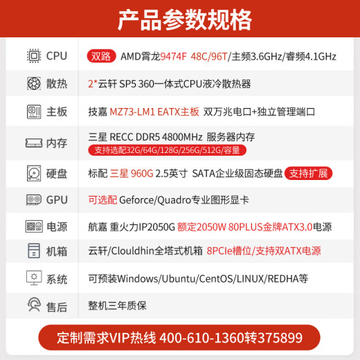 Cloud Hin Dual-Channel AMD Xiaolong 9754/9965 Simulación científica Computación de Deepseek Despliegue Local Estación de trabajo de gráficos/Renderización de CPU/Análisis de elementos finitos Estación de trabajo Host Dual-Channel Xiaolong 9474f 3.6g 96 Core 192 Hilos 256g Memoria + 960