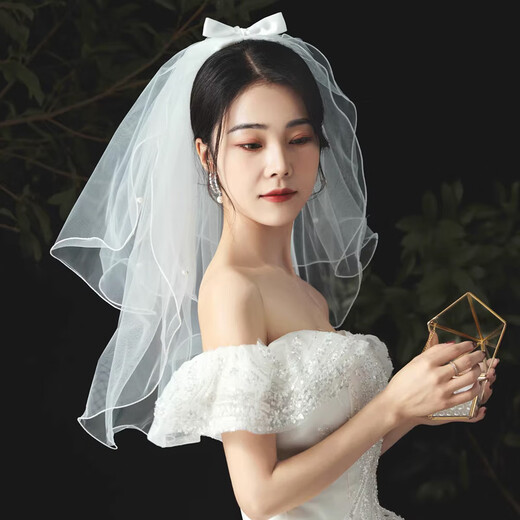 BBS Veil Proposal and Certificate Bride's Confession Photography Birthday Chinese Valentine's Day Bow Pearl Photo Photo Props Double-layer Pearl Veil-Hair Comb Type