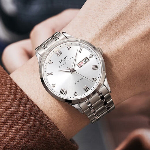 I/W CARNIVAL HWGUOJI Swiss Famous Watch Top Ten Brands Men's Full Automatic Mechanical Watch Imported Movement Double Calendar Luminous Waterproof Watch Aiwochi Silver Steel Band White Floor + Same Model + Exquisite Gift Box [679]